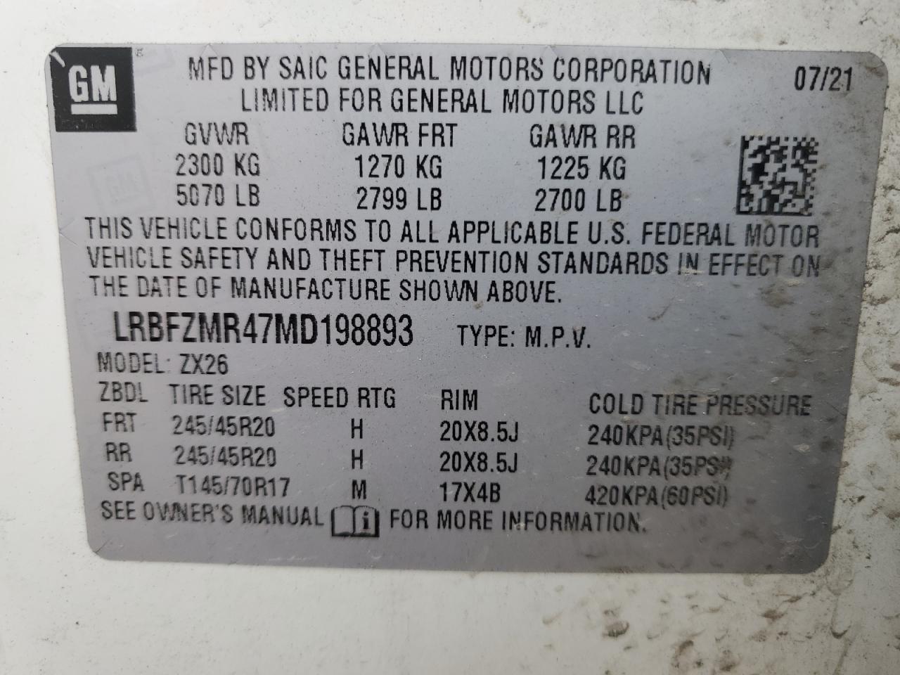 2021 Buick Envision Preferred VIN: LRBFZMR47MD198893 Lot: 64674285