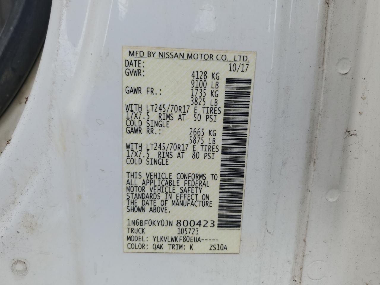 2018 Nissan Nv 1500 S VIN: 1N6BF0KY0JN800423 Lot: 64927555