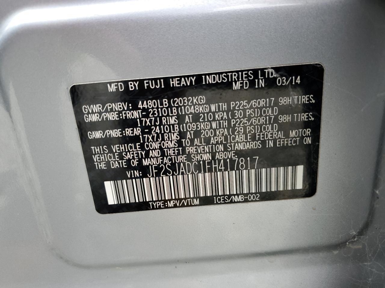 2015 Subaru Forester 2.5I Premium VIN: JF2SJADC1FH417817 Lot: 67133045