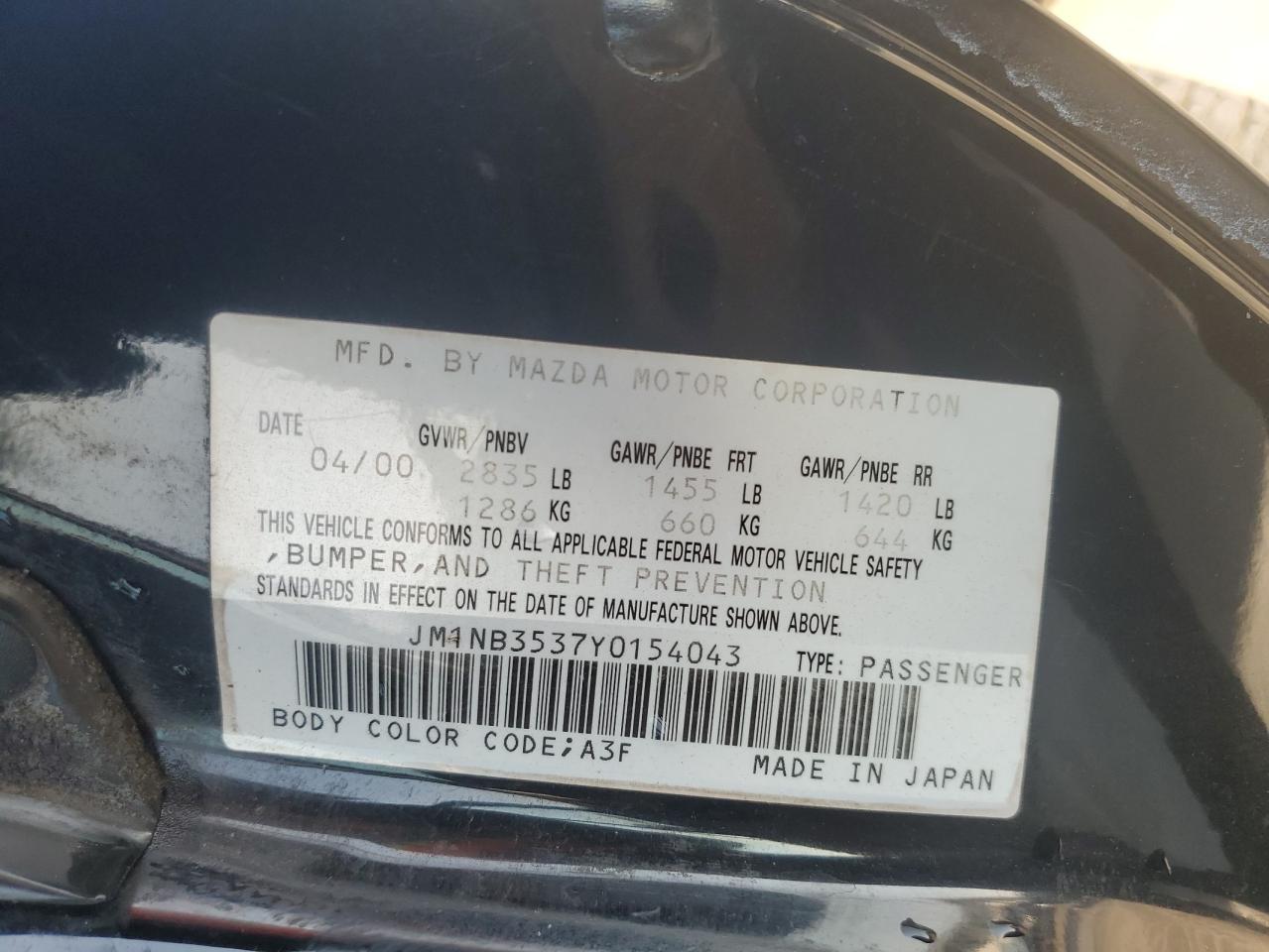 2000 Mazda Mx-5 Miata Base VIN: JM1NB3537Y0154043 Lot: 64363245
