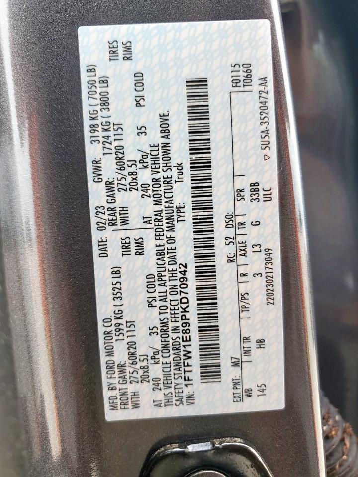 2023 Ford F150 Supercrew VIN: 1FTFW1E89PKD70942 Lot: 64879385