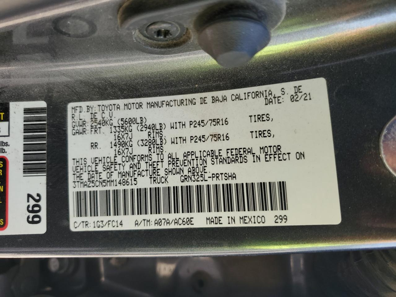 2021 Toyota Tacoma Double Cab VIN: 3TMAZ5CN5MM148615 Lot: 65207905