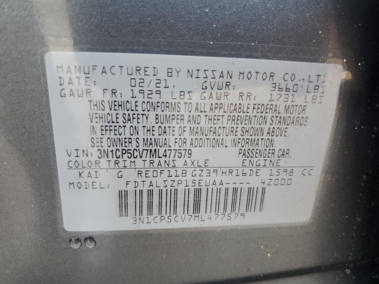 2021 Nissan Kicks Sv VIN: 3N1CP5CV7ML477579 Lot: 63823375