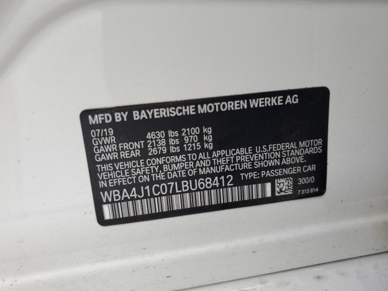 2020 BMW 430I Gran Coupe VIN: WBA4J1C07LBU68412 Lot: 63049145