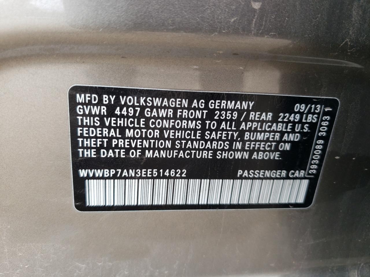 2014 Volkswagen Cc Sport VIN: WVWBP7AN3EE514622 Lot: 65223835