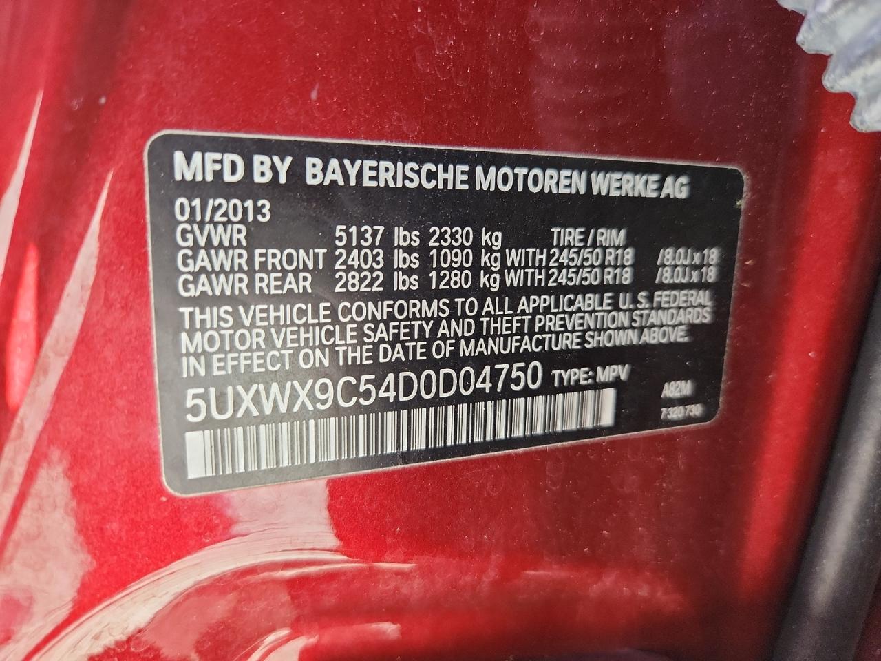 2013 BMW X3 xDrive28I VIN: 5UXWX9C54D0D04750 Lot: 65586605