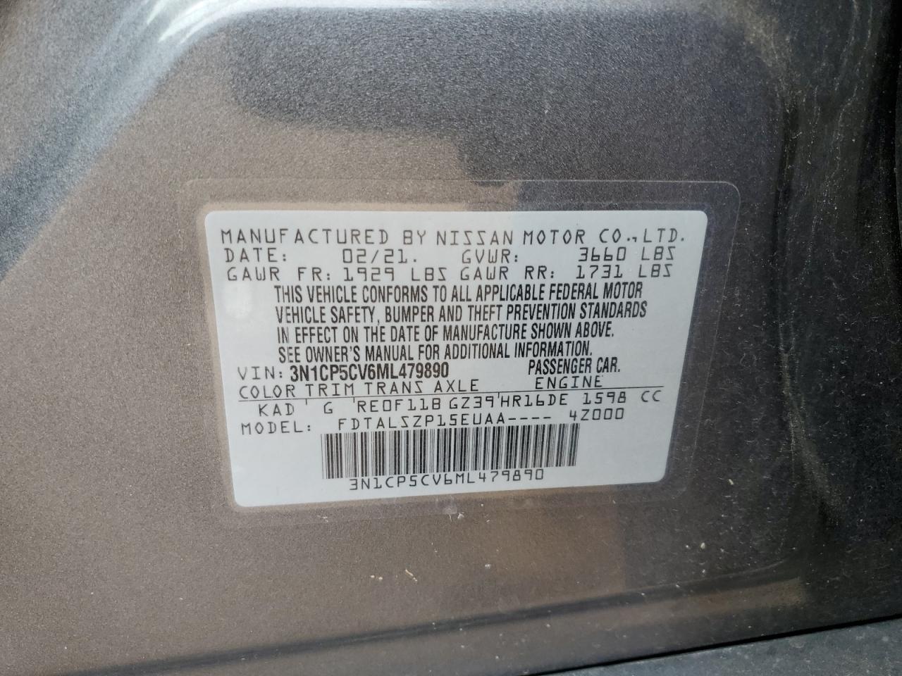 2021 Nissan Kicks Sv VIN: 3N1CP5CV6ML479890 Lot: 66194885