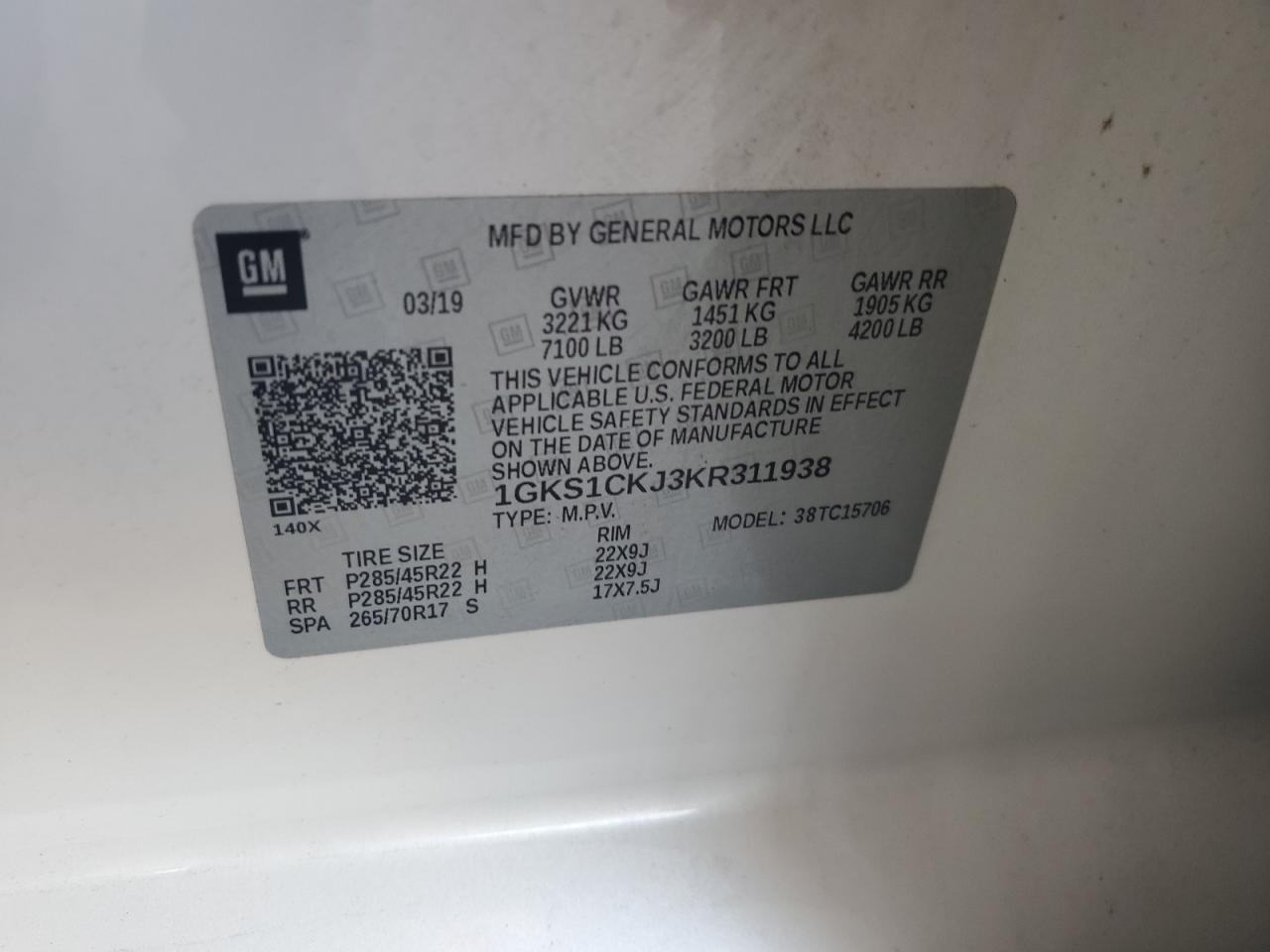 2019 GMC Yukon Denali VIN: 1GKS1CKJ3KR311938 Lot: 63038275
