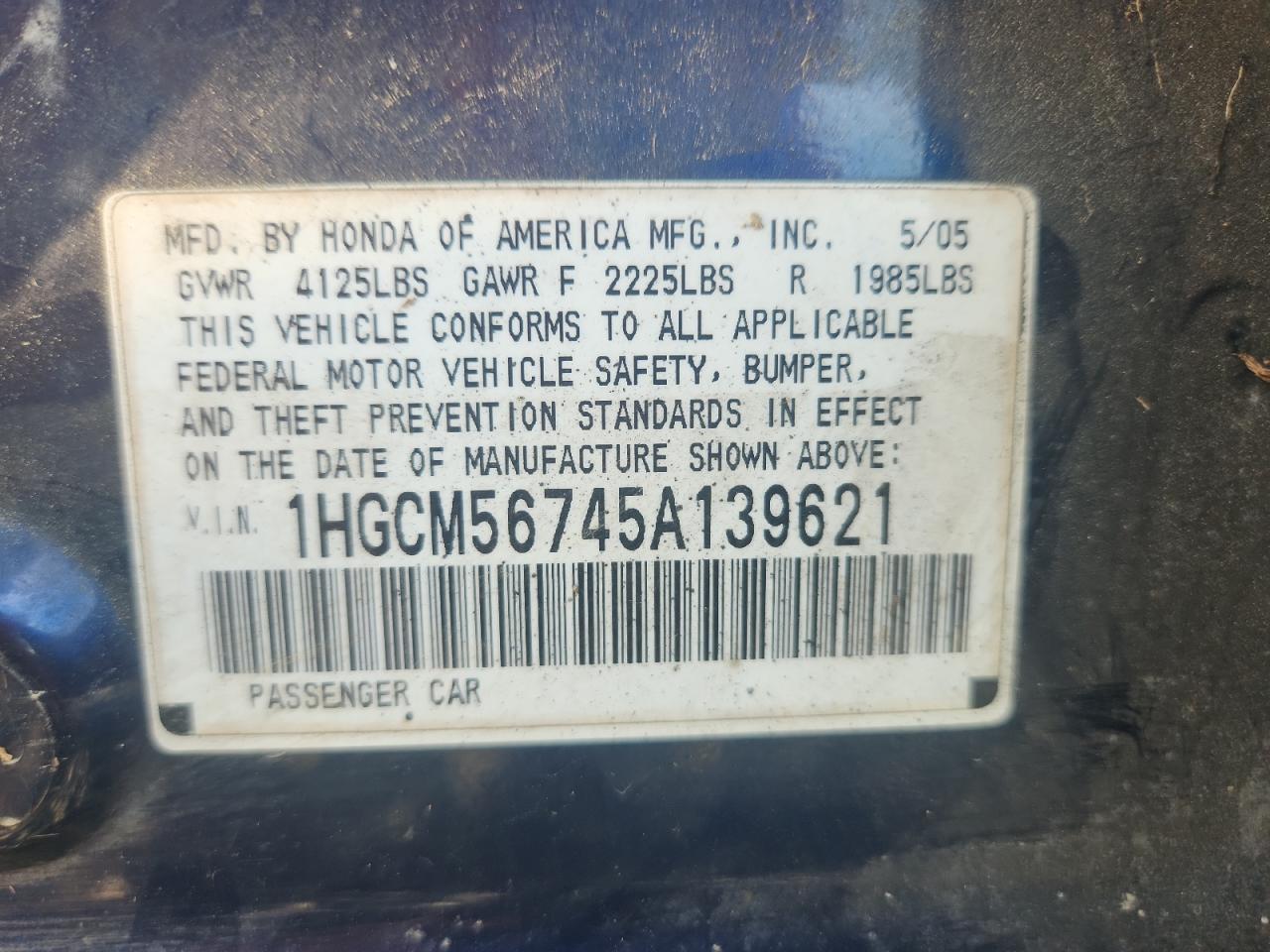 2005 Honda Accord Ex VIN: 1HGCM56745A139621 Lot: 65384595
