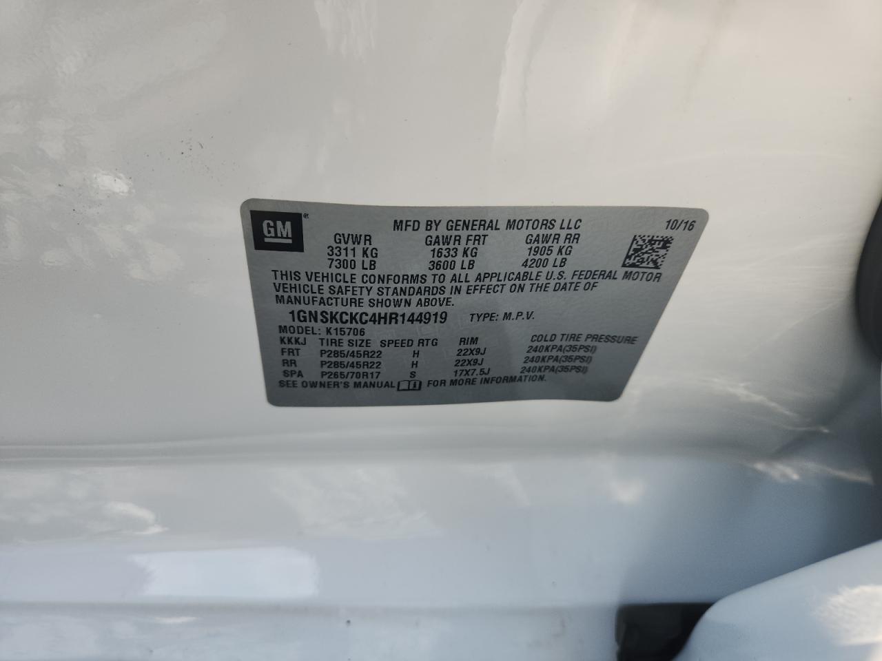 2017 Chevrolet Tahoe K1500 Premier VIN: 1GNSKCKC4HR144919 Lot: 63737785