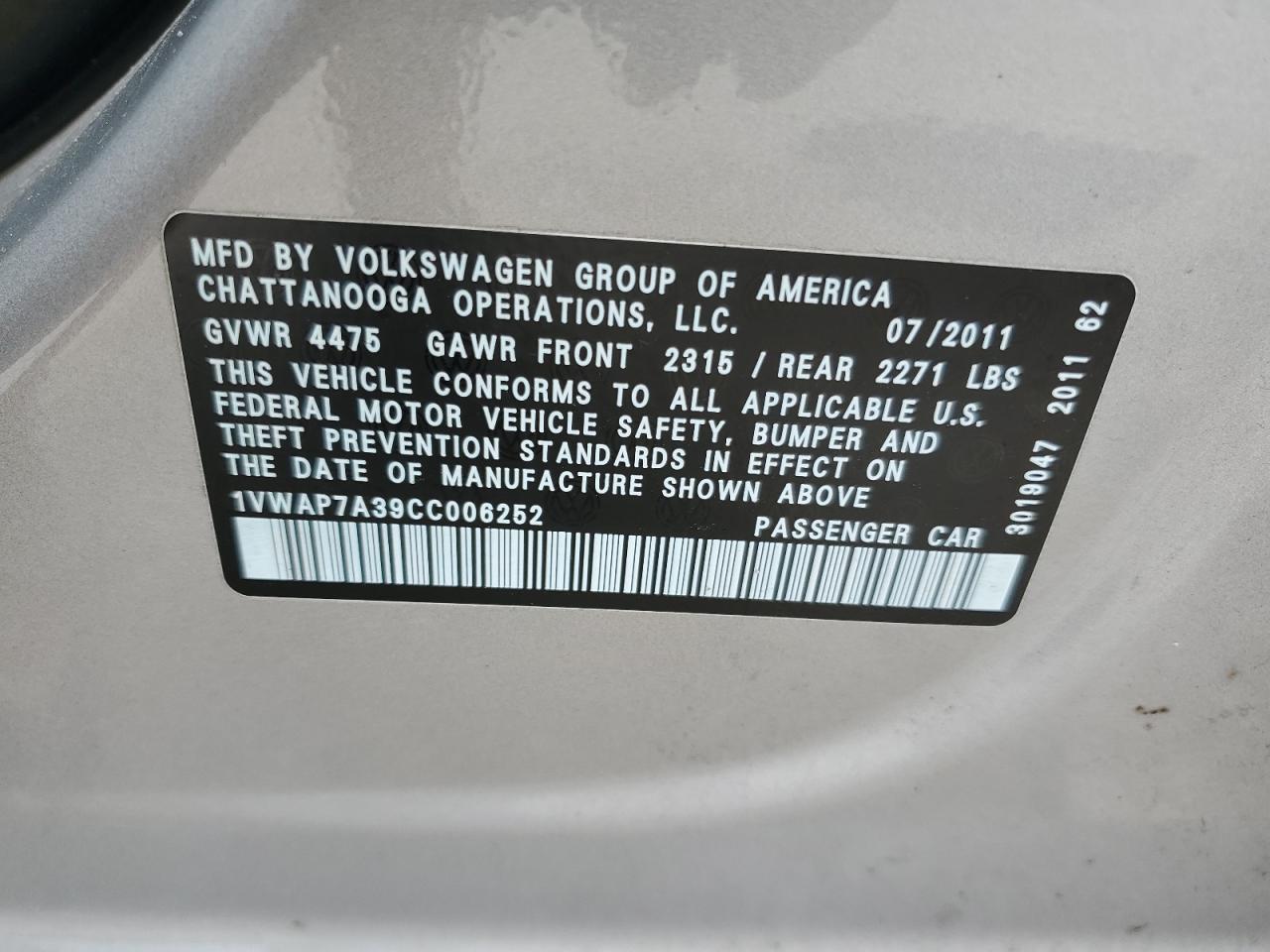 2012 Volkswagen Passat S VIN: 1VWAP7A39CC006252 Lot: 62986905
