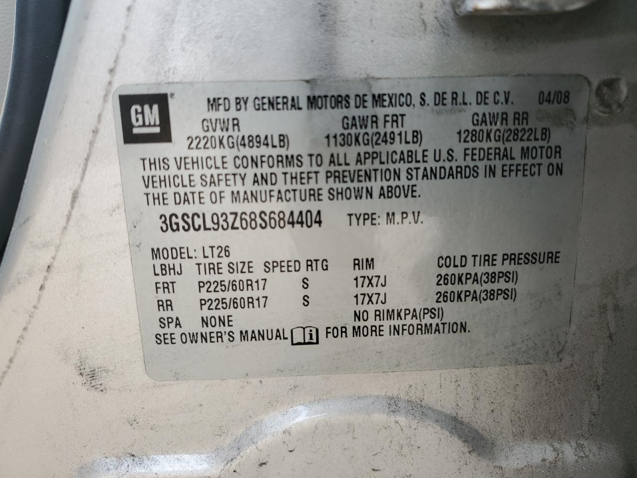 2008 Saturn Vue Hybrid VIN: 3GSCL93Z68S684404 Lot: 62565605