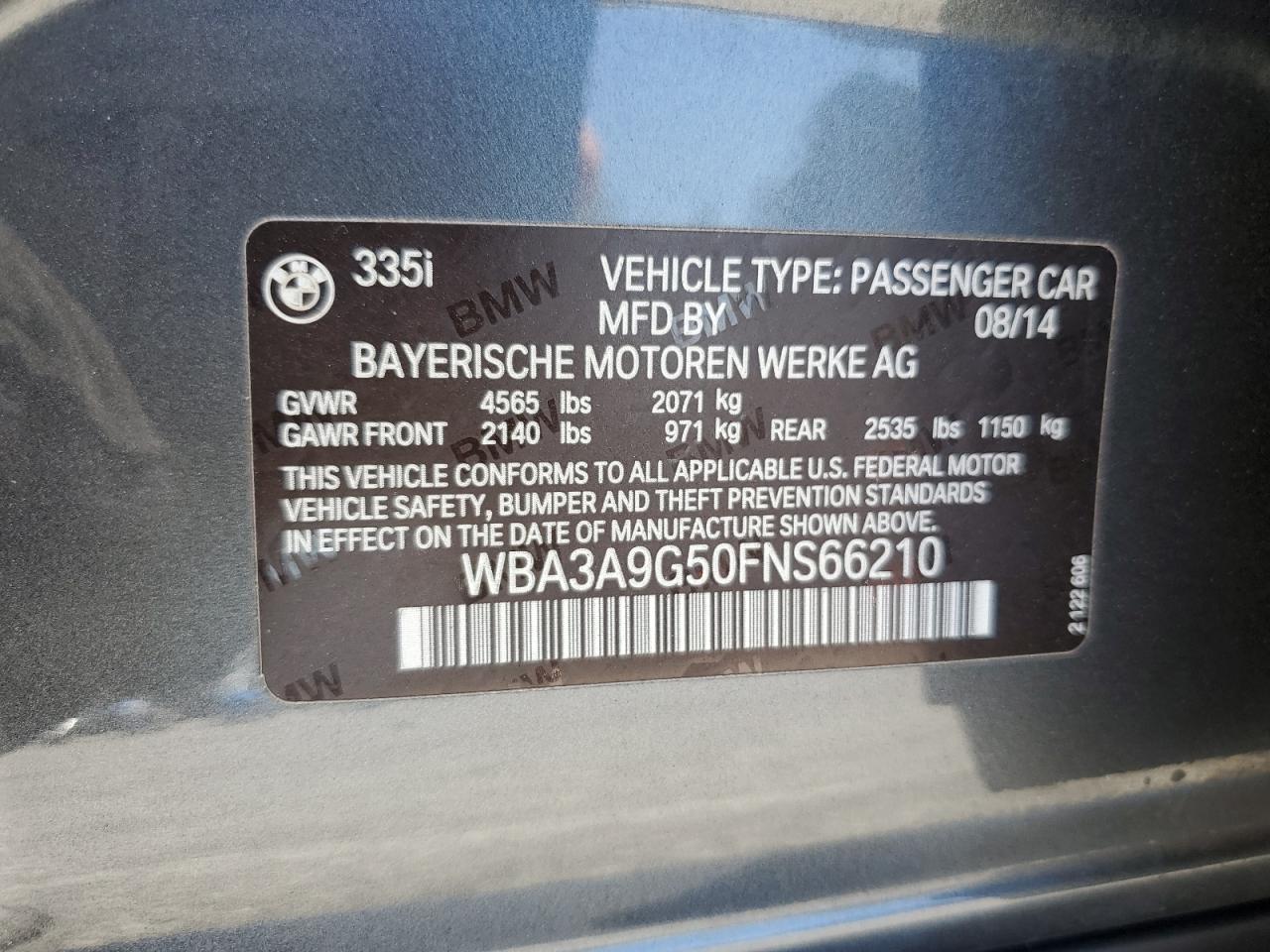 2015 BMW 335 I VIN: WBA3A9G50FNS66210 Lot: 63156595