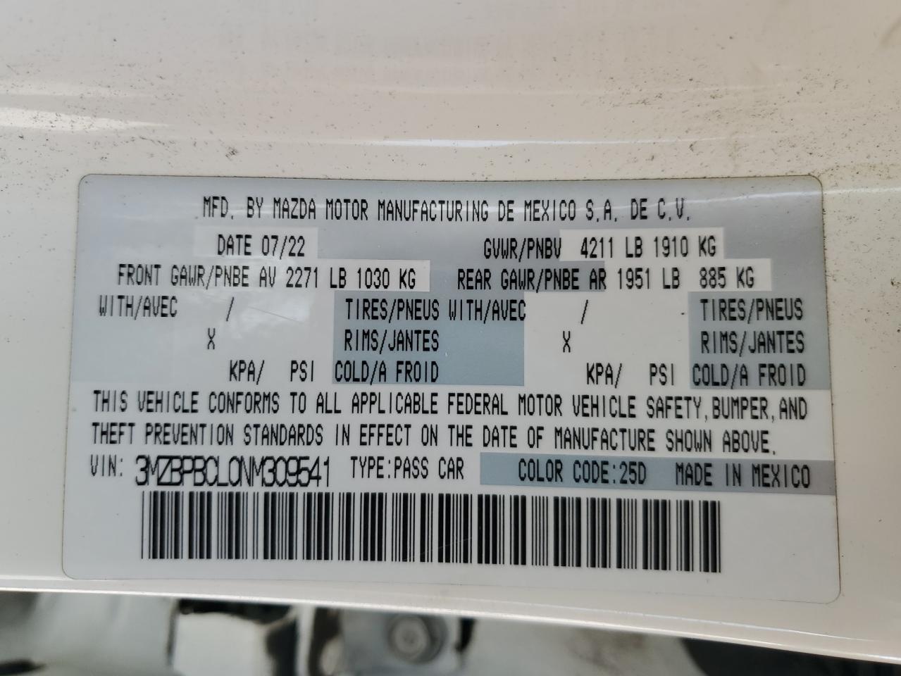 2022 Mazda 3 Preferred VIN: 3MZBPBCL0NM309541 Lot: 64090225