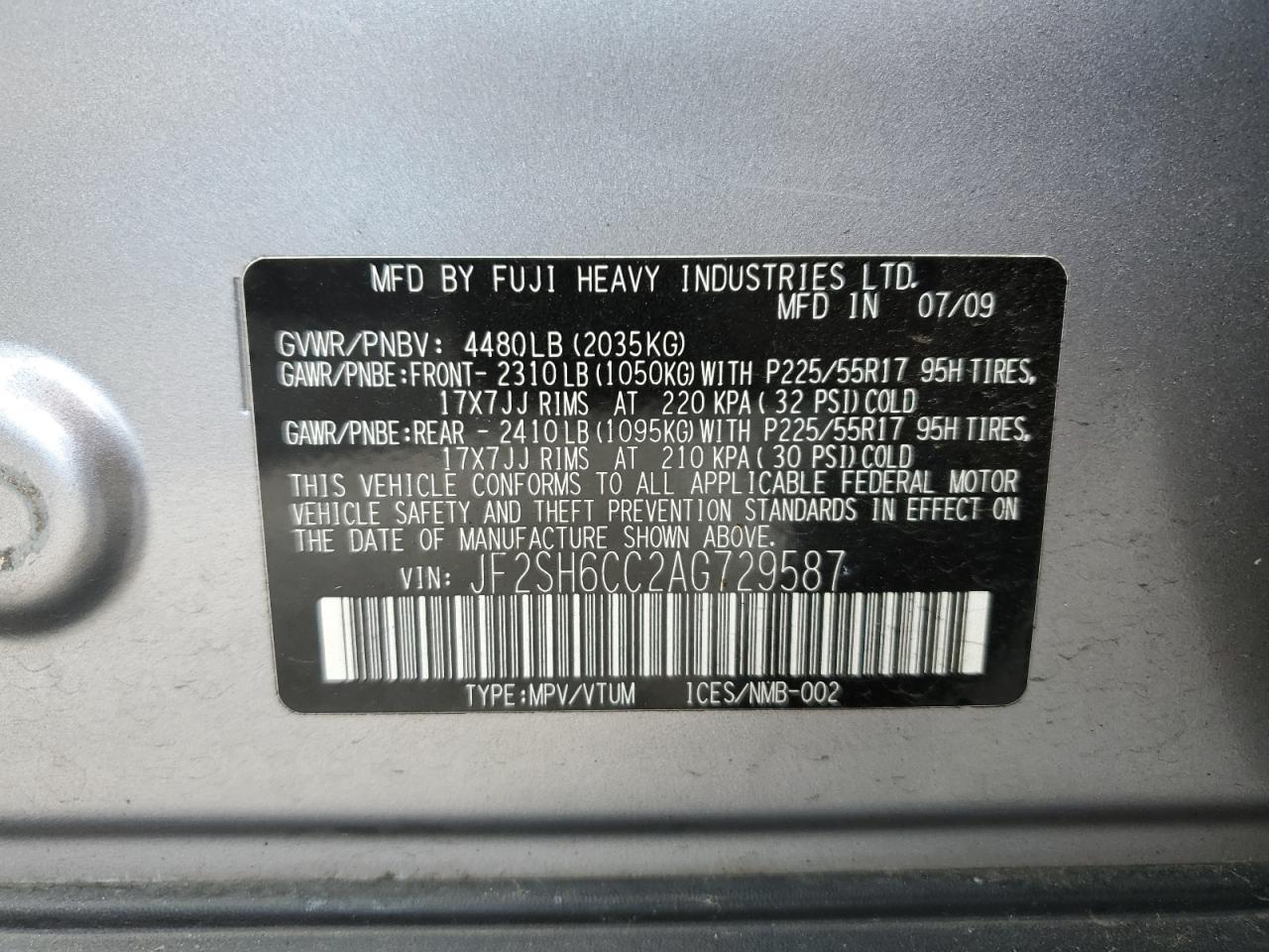 2010 Subaru Forester 2.5X Premium VIN: JF2SH6CC2AG729587 Lot: 62582095