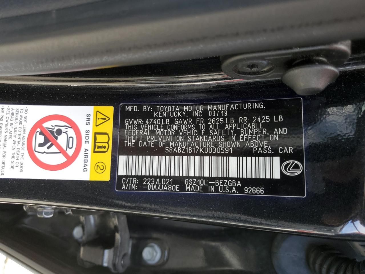 2019 Lexus Es 350 VIN: 58ABZ1B17KU030591 Lot: 64141185
