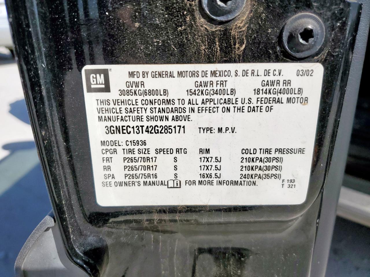 2002 Chevrolet Avalanche C1500 VIN: 3GNEC13T42G285171 Lot: 66771795