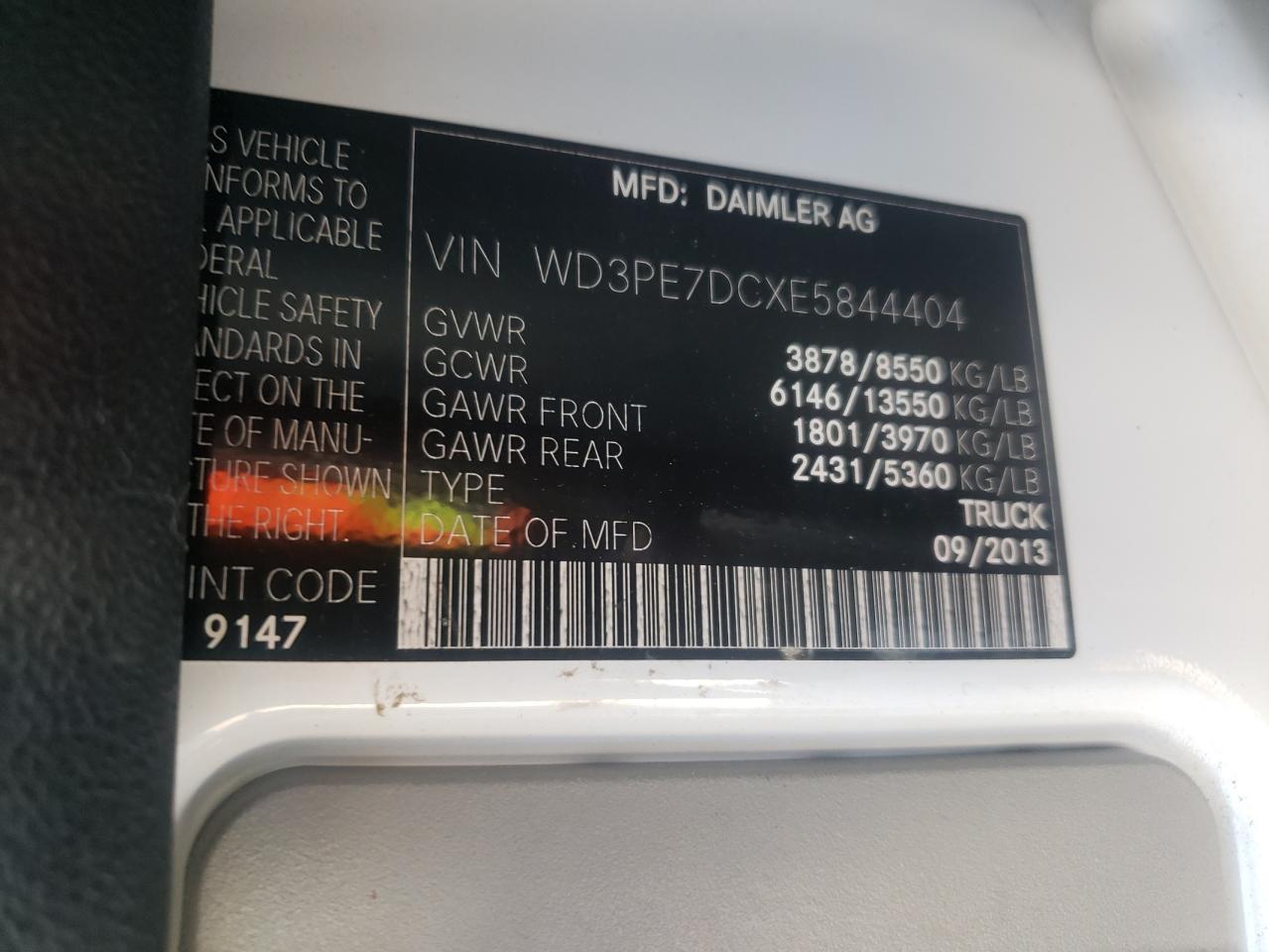 2014 Mercedes-Benz Sprinter 2500 VIN: WD3PE7DCXE5844404 Lot: 64388315