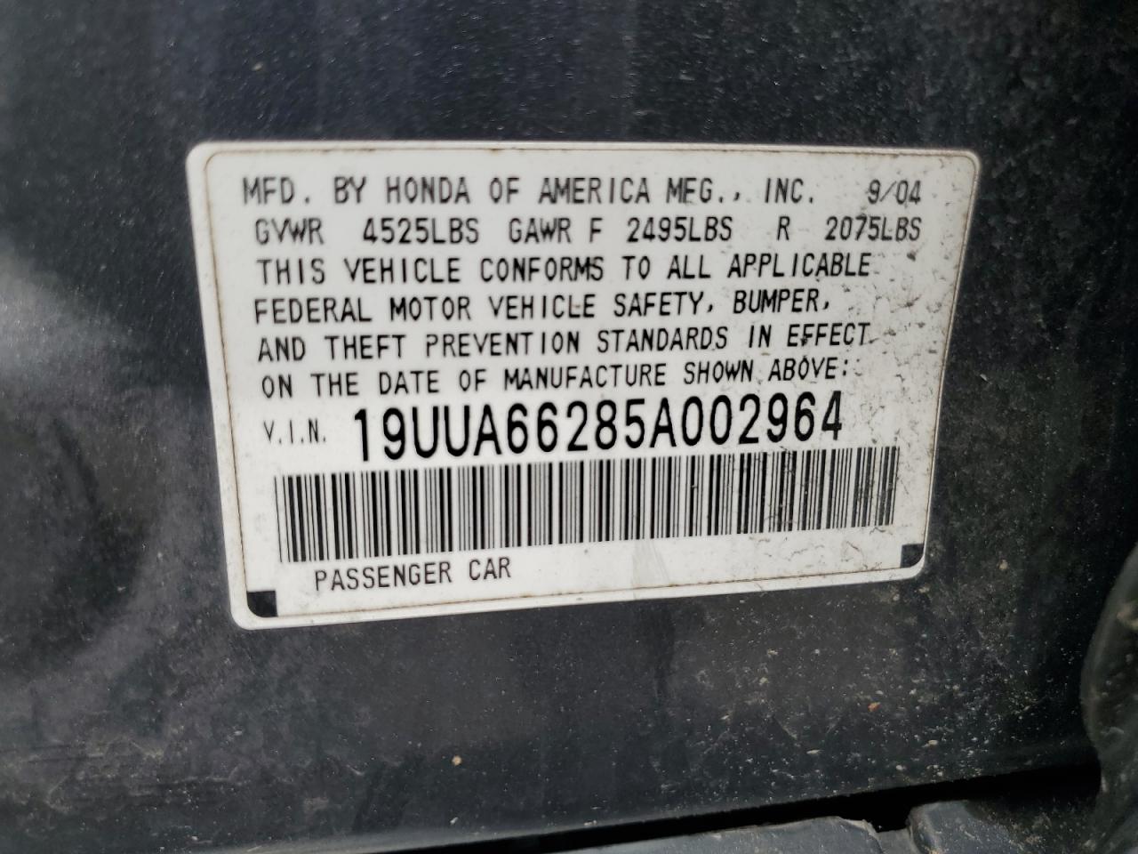 2005 Acura Tl VIN: 19UUA66285A002964 Lot: 63647625