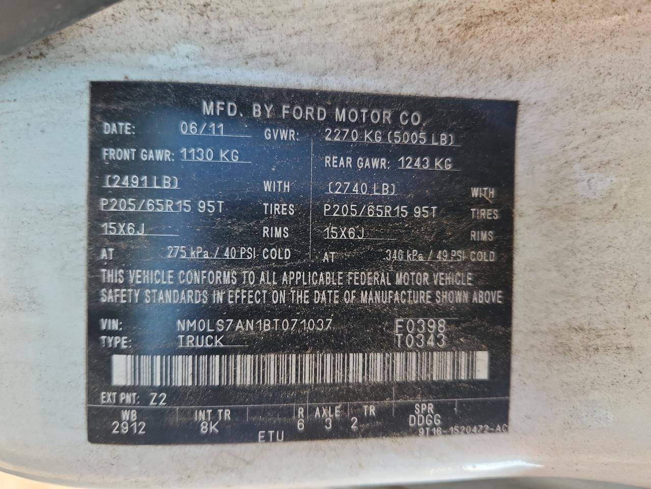 2011 Ford Transit Connect Xl VIN: NM0LS7AN1BT071037 Lot: 65161415