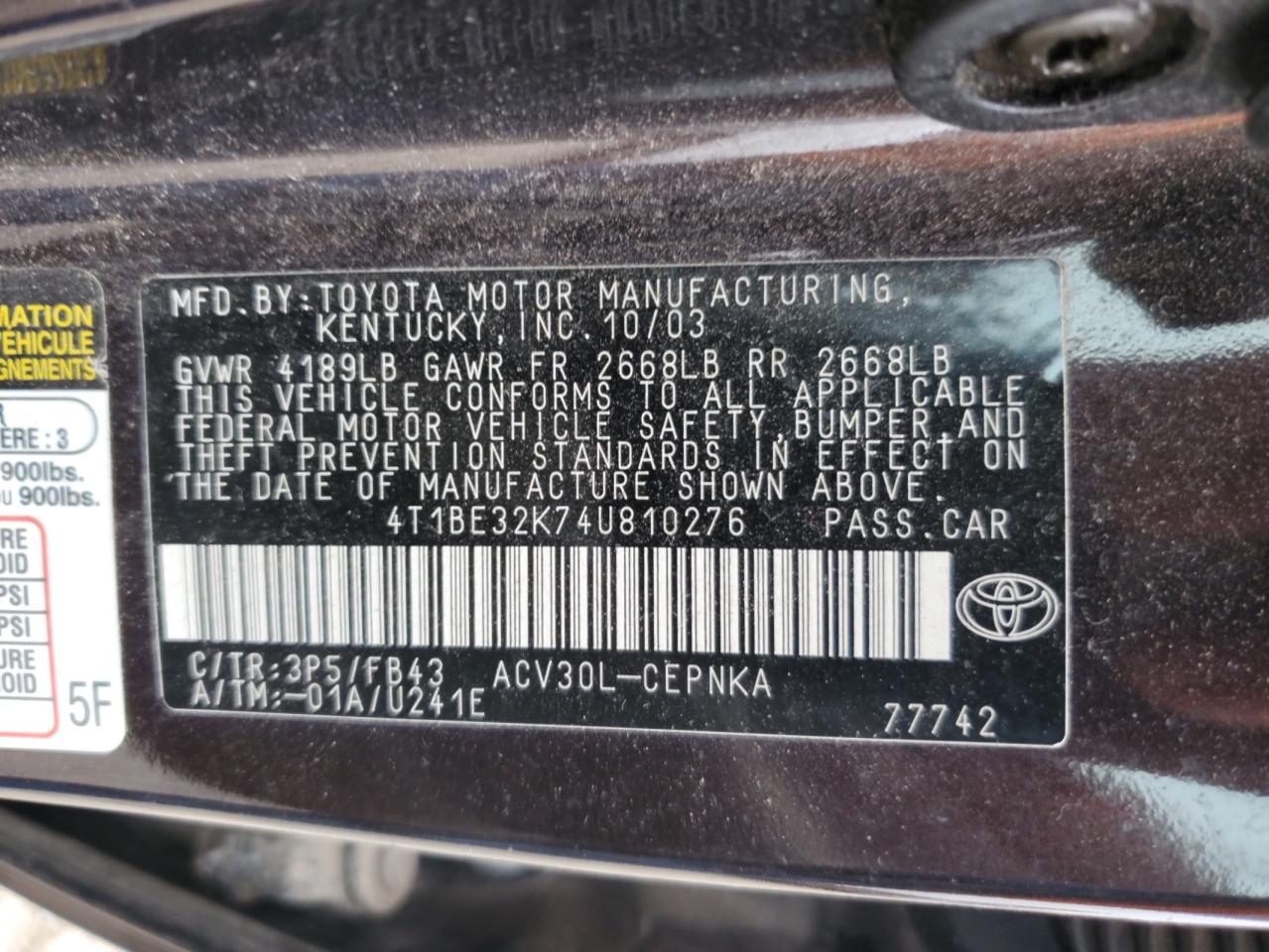 2004 Toyota Camry Le VIN: 4T1BE32K74U810276 Lot: 64744155