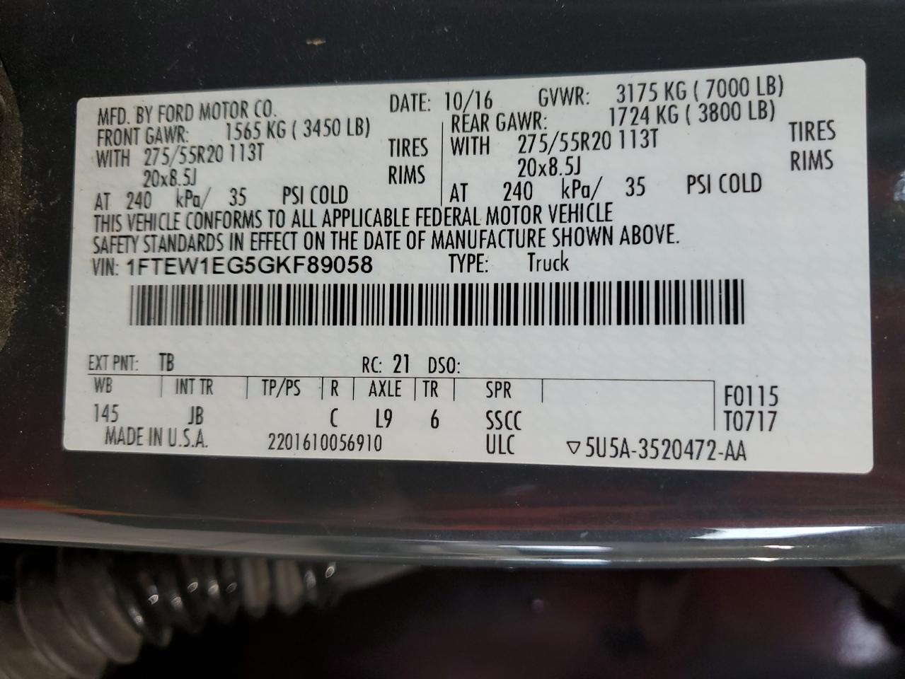2016 Ford F150 Supercrew VIN: 1FTEW1EG5GKF89058 Lot: 64571855