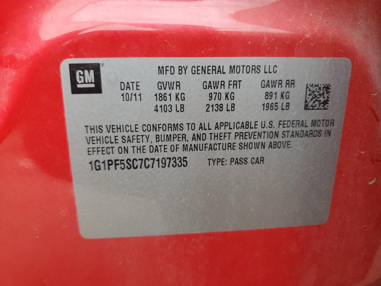 2012 Chevrolet Cruze Lt VIN: 1G1PF5SC7C7197335 Lot: 64866345