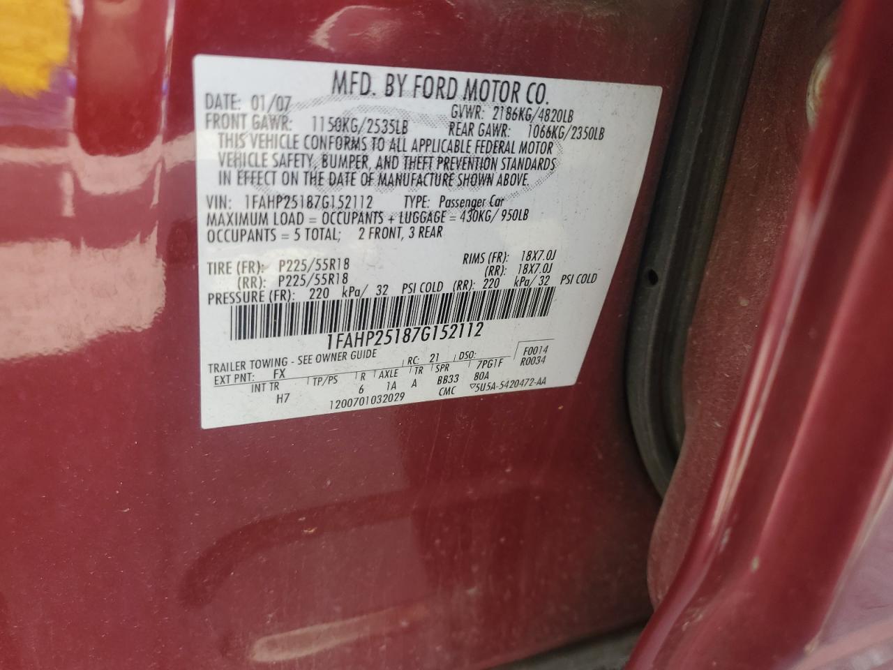 2007 Ford Five Hundred Limited VIN: 1FAHP25187G152112 Lot: 64835405