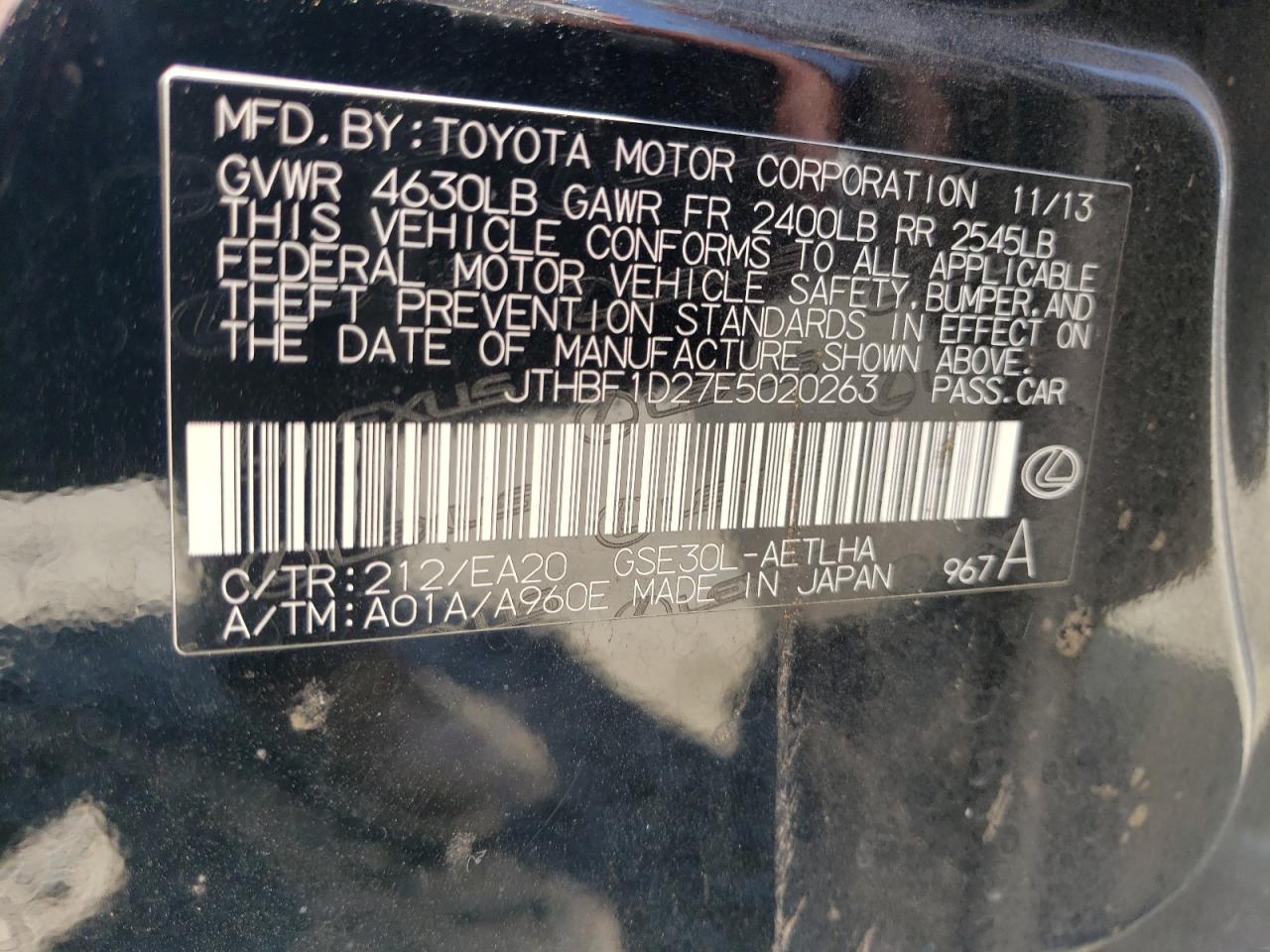 2014 Lexus Is 250 VIN: JTHBF1D27E5020263 Lot: 63119155
