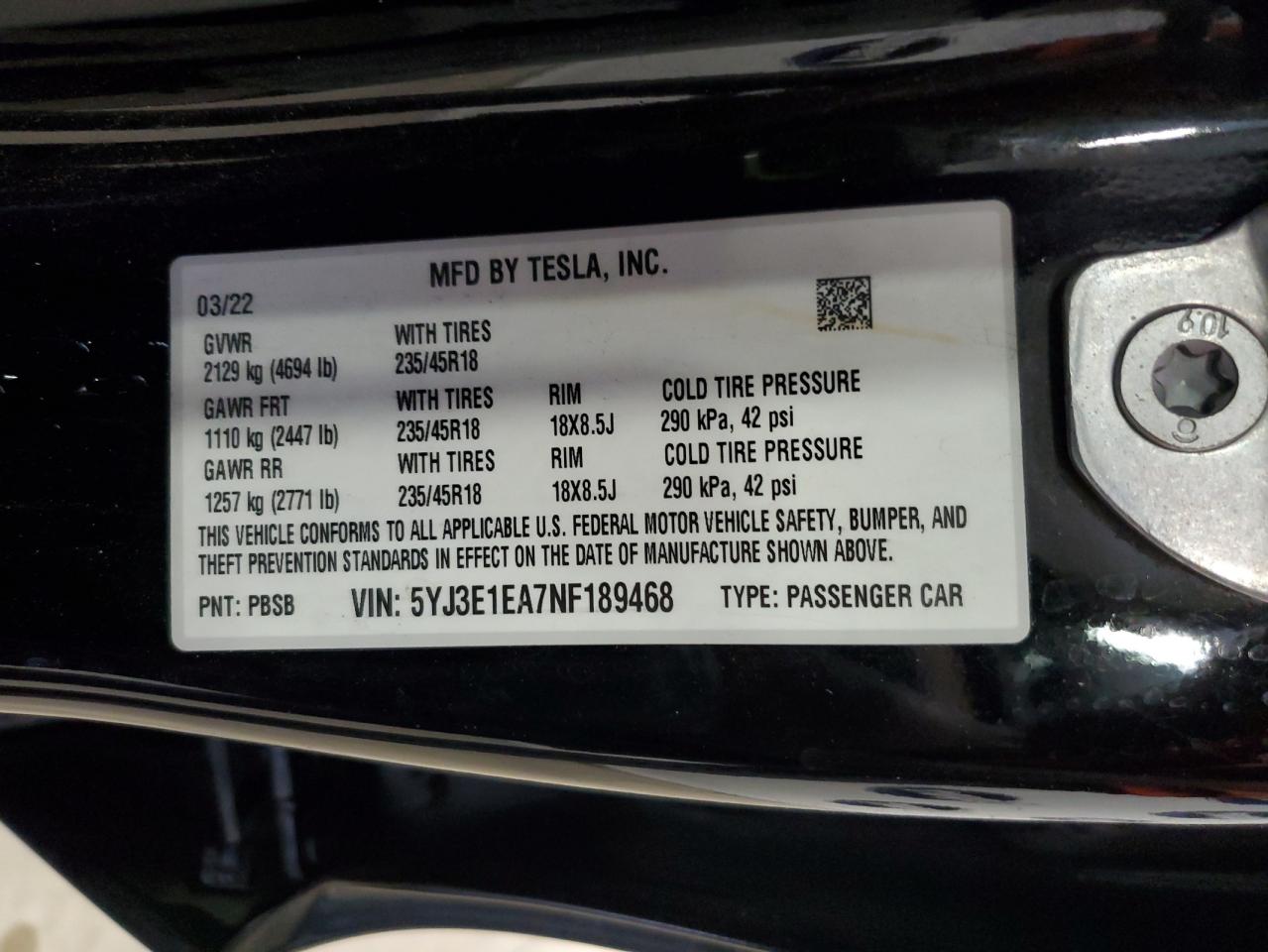 5YJ3E1EA7NF189468 2022 Tesla Model 3