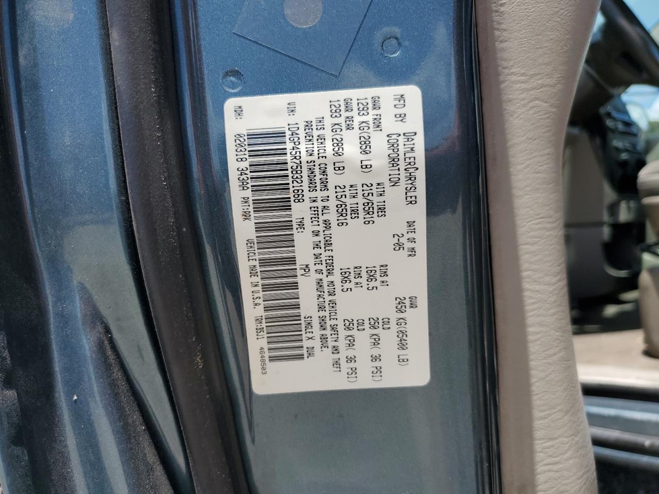 2005 Dodge Caravan Sxt VIN: 1D4GP45R75B321668 Lot: 65255285