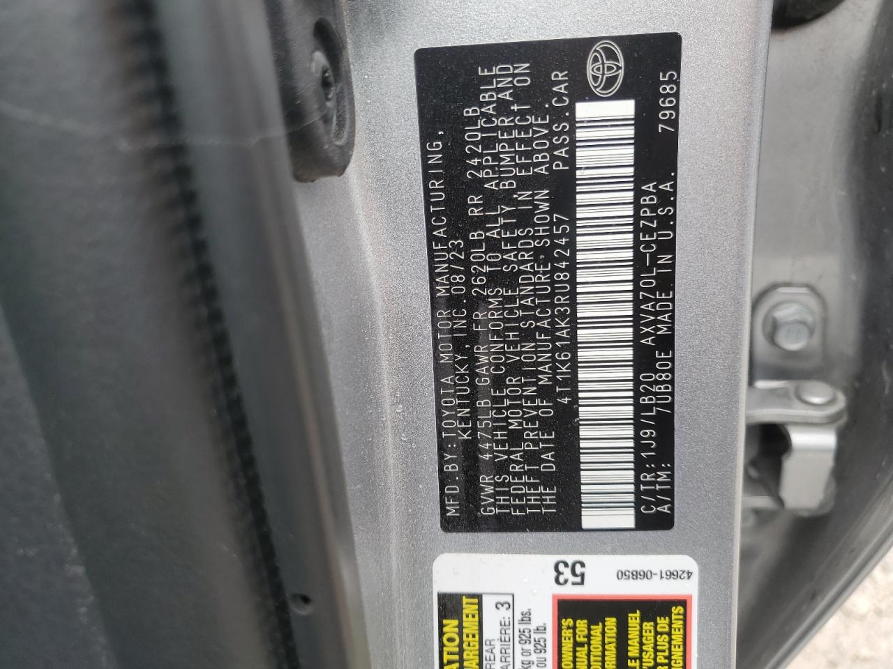 2024 Toyota Camry Xse VIN: 4T1K61AK3RU842457 Lot: 65999065