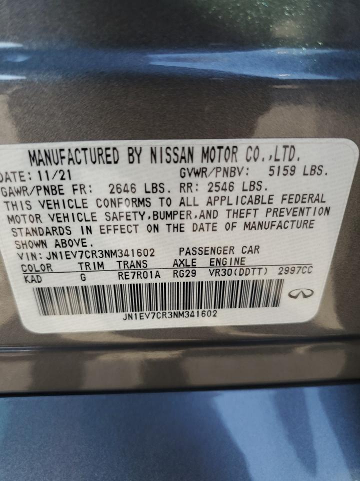 2022 Infiniti Q50 Sensory VIN: JN1EV7CR3NM341602 Lot: 65964795