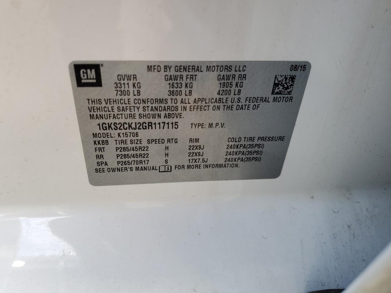 2016 GMC Yukon Denali VIN: 1GKS2CKJ2GR117115 Lot: 57036485