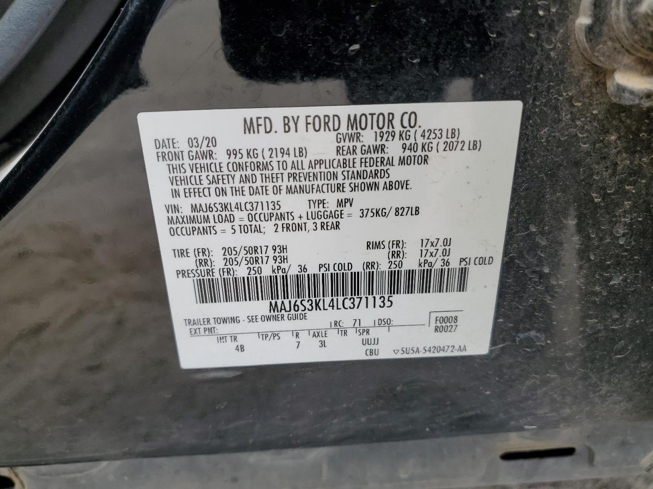 2020 Ford Ecosport Titanium VIN: MAJ6S3KL4LC371135 Lot: 65621745