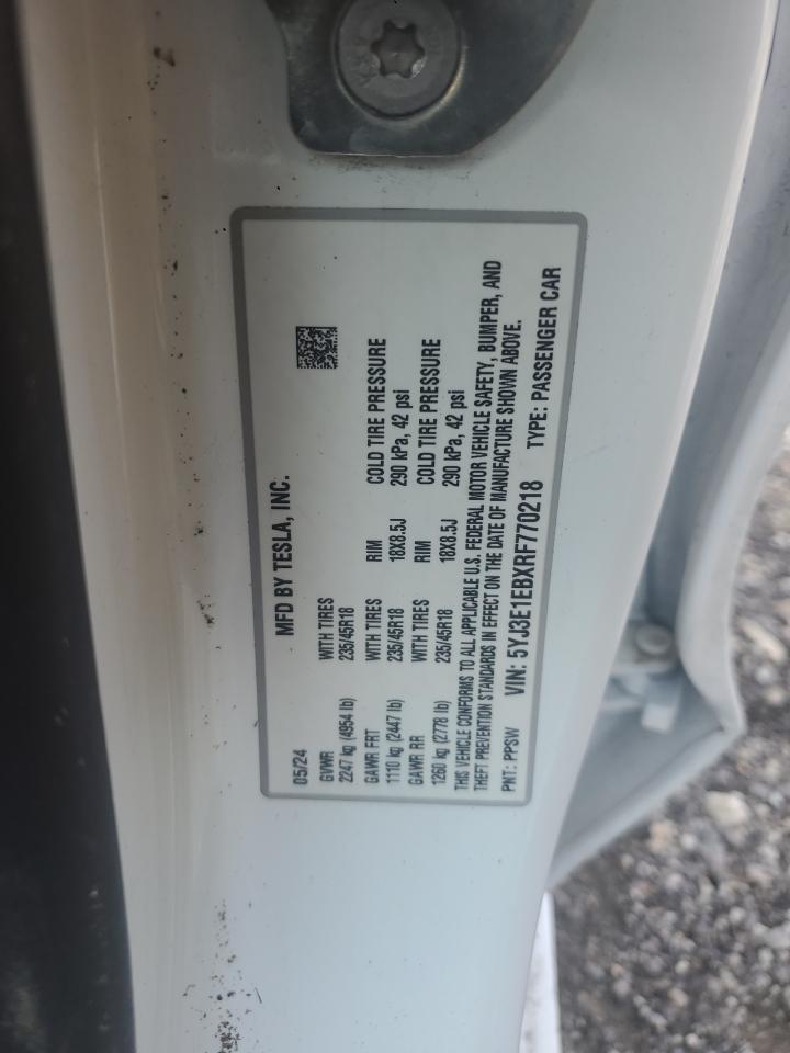 2024 Tesla Model 3 VIN: 5YJ3E1EBXRF770218 Lot: 54162355