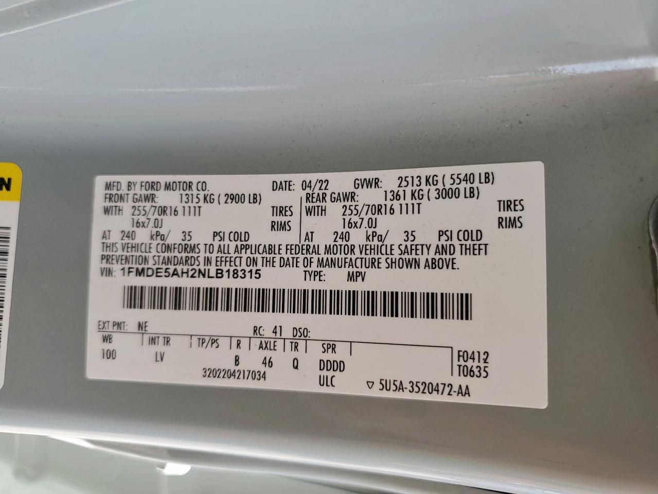 2022 Ford Bronco Base VIN: 1FMDE5AH2NLB18315 Lot: 64320275