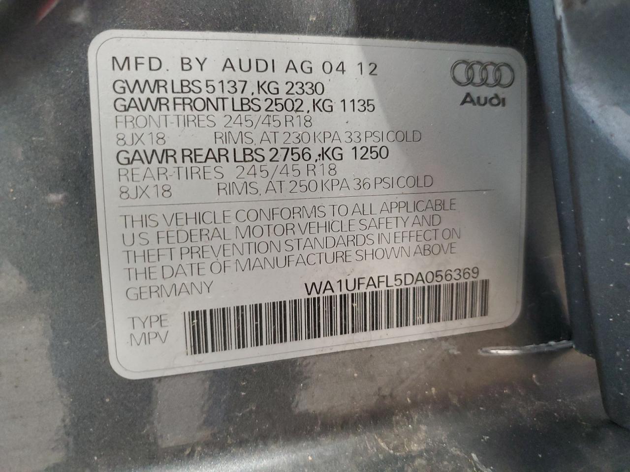 2013 Audi A4 Allroad Premium Plus VIN: WA1UFAFL5DA056369 Lot: 64476355