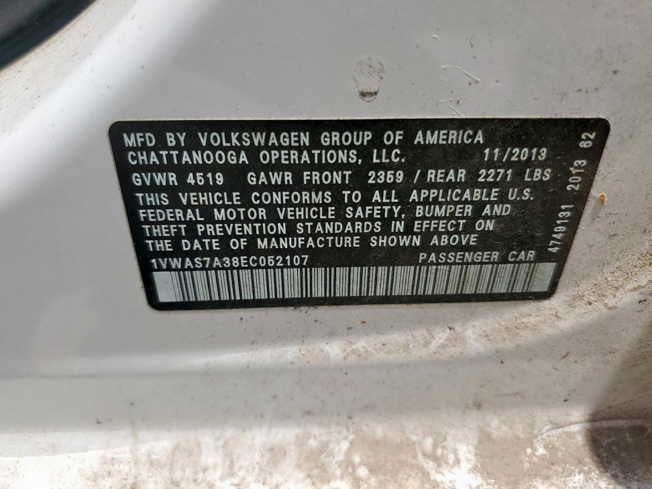 2014 Volkswagen Passat S VIN: 1VWAS7A38EC052107 Lot: 64983645