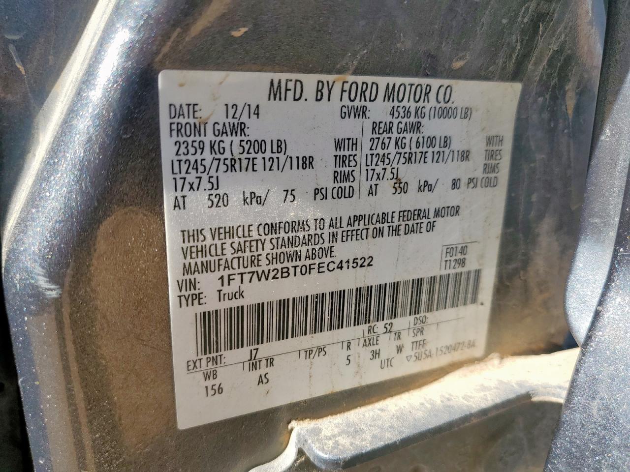 2015 Ford F250 Super Duty VIN: 1FT7W2BT0FEC41522 Lot: 66504205