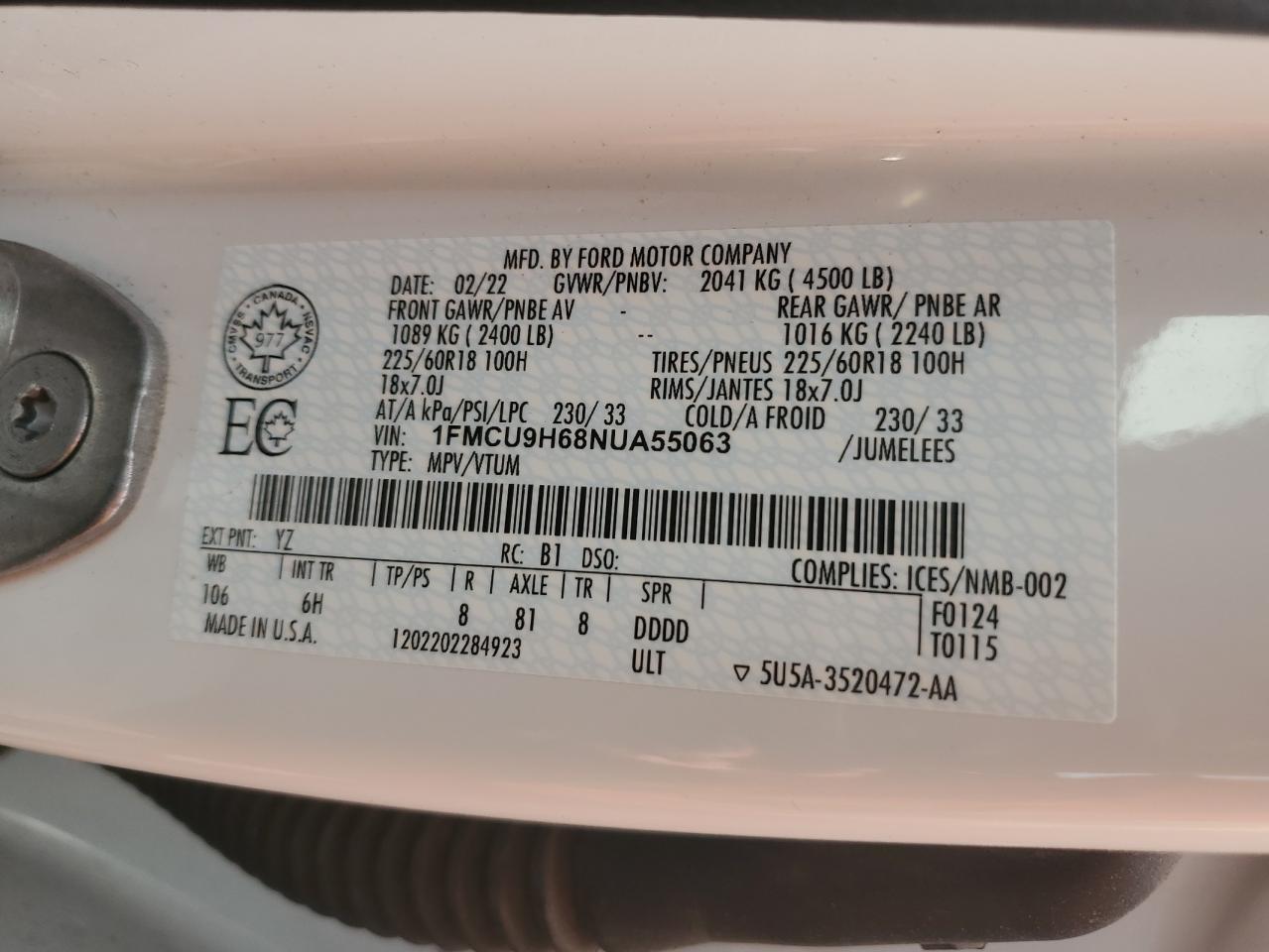 2022 Ford Escape Sel VIN: 1FMCU9H68NUA55063 Lot: 66526755