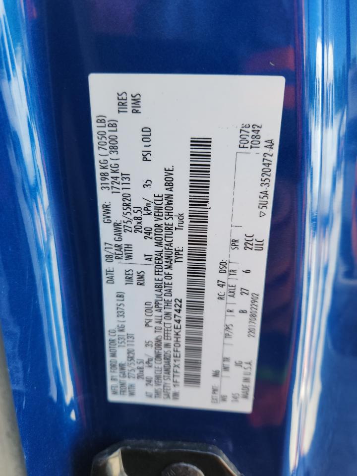 2017 Ford F150 Super Cab VIN: 1FTFX1EF0HKE47422 Lot: 65905735