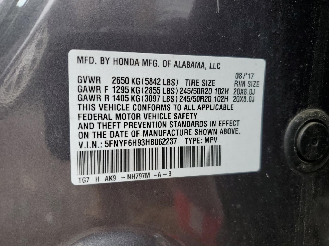 2017 Honda Pilot Touring VIN: 5FNYF6H93HB062237 Lot: 64162515