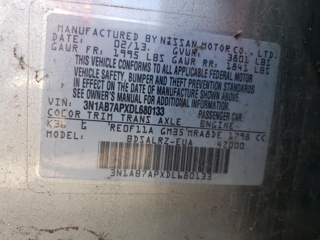 2013 Nissan Sentra S VIN: 3N1AB7APXDL680133 Lot: 65246825