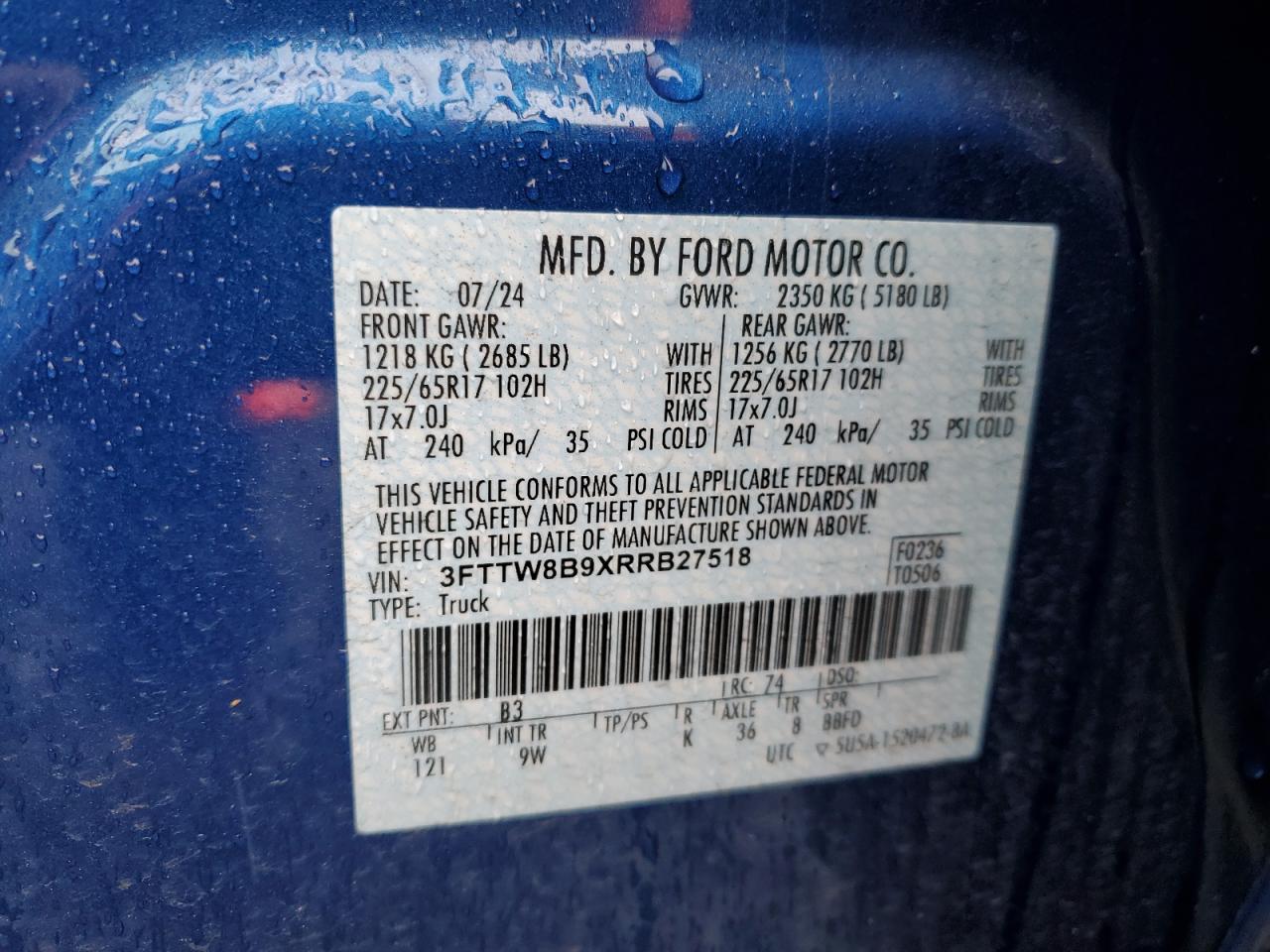 2024 Ford Maverick Xl VIN: 3FTTW8B9XRRB27518 Lot: 64136715