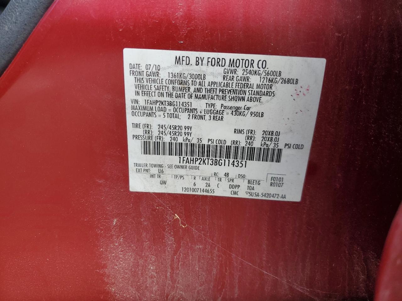 2011 Ford Taurus Sho VIN: 1FAHP2KT3BG114351 Lot: 65362795