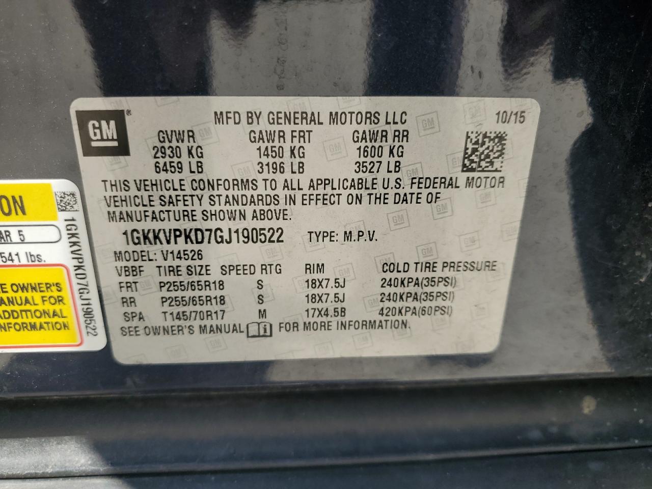 2016 GMC Acadia Sle VIN: 1GKKVPKD7GJ190522 Lot: 66461705