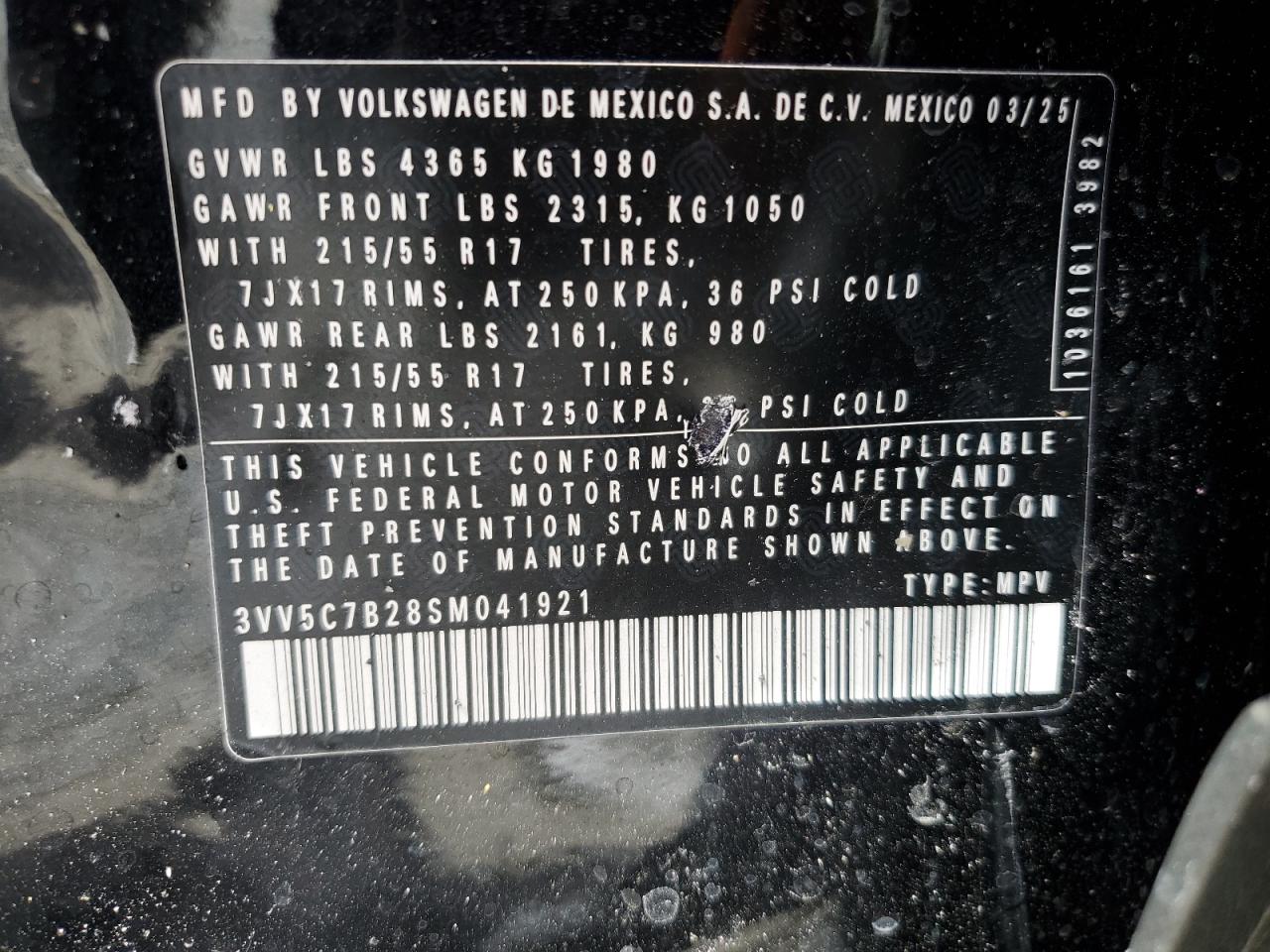 2025 Volkswagen Taos S VIN: 3VV5C7B28SM041921 Lot: 63903905