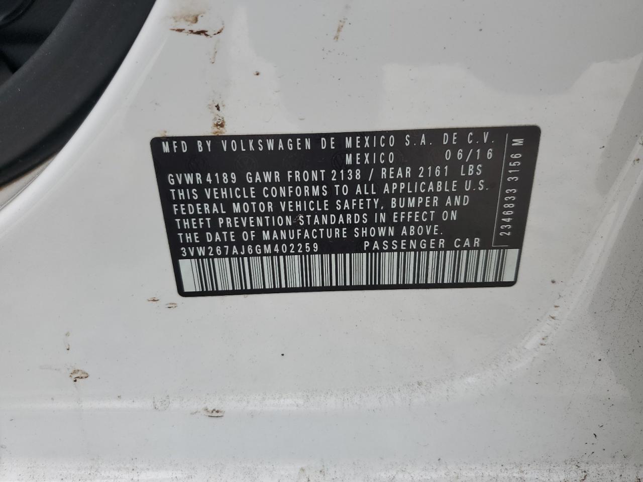 2016 Volkswagen Jetta S VIN: 3VW267AJ6GM402259 Lot: 64124775