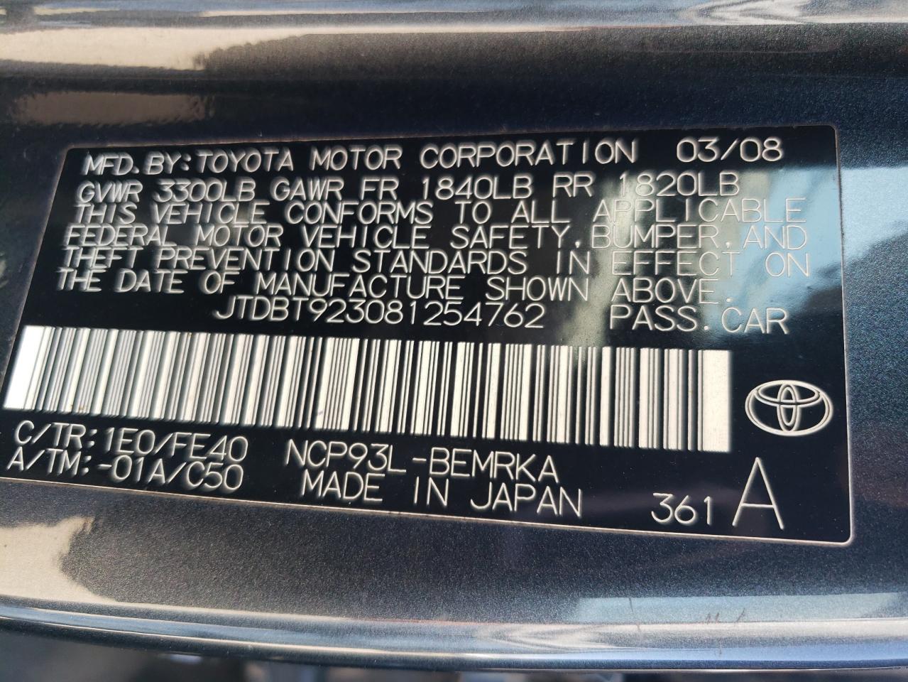 2008 Toyota Yaris VIN: JTDBT923081254762 Lot: 63049525